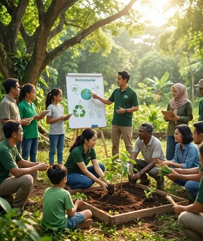Fasilitator PPI memberikan edukasi lingkungan kepada warga dan anak-anak di kebun