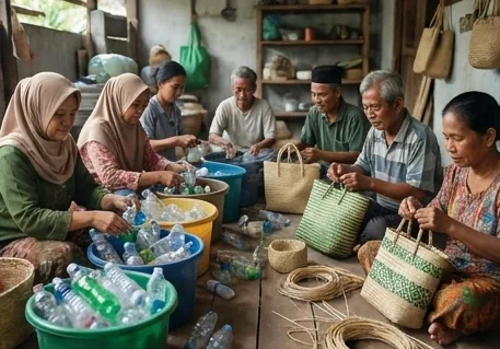 Ibu-ibu mengolah botol plastik bekas menjadi kerajinan bernilai